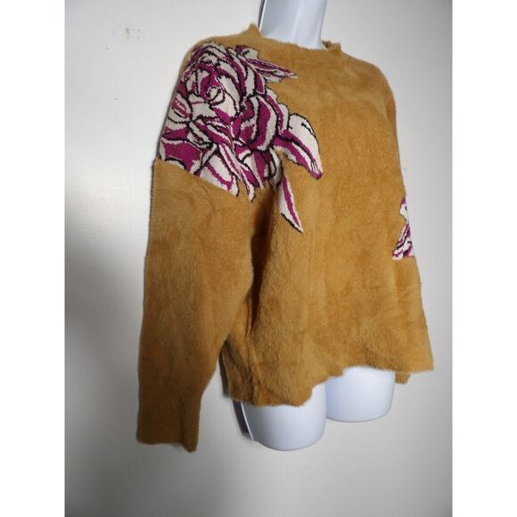 See And Be Seen Fuzzy Sweater M/L Brown Flower Abstract Artsy Pullover Soft - Picture 4 of 12
